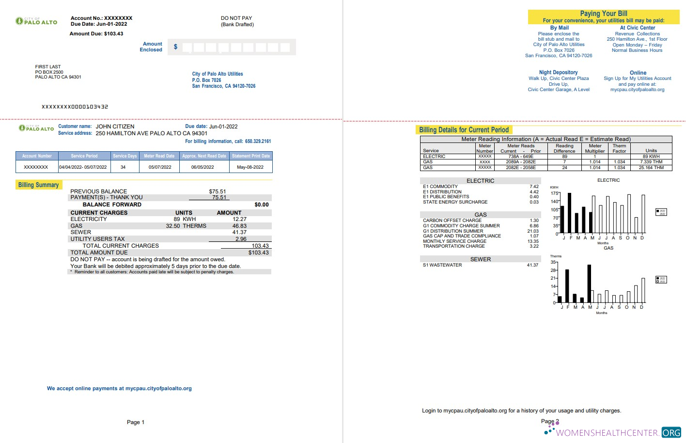 download download USA California Palo Alto utility bill, Word and PDF template, 2 pages PDF template PDF template